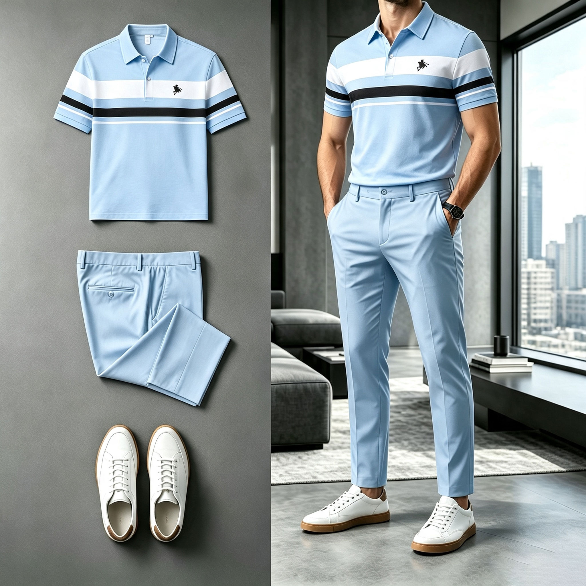 para hombre a rayas de manga corta camisa polo and pantalón Set