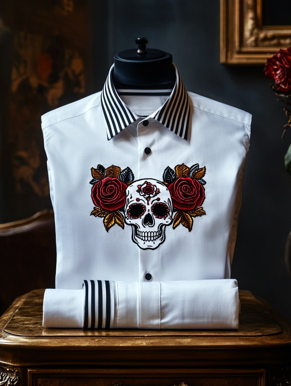 Camisa satén Skull Rose casual de manga larga con botones para hombre