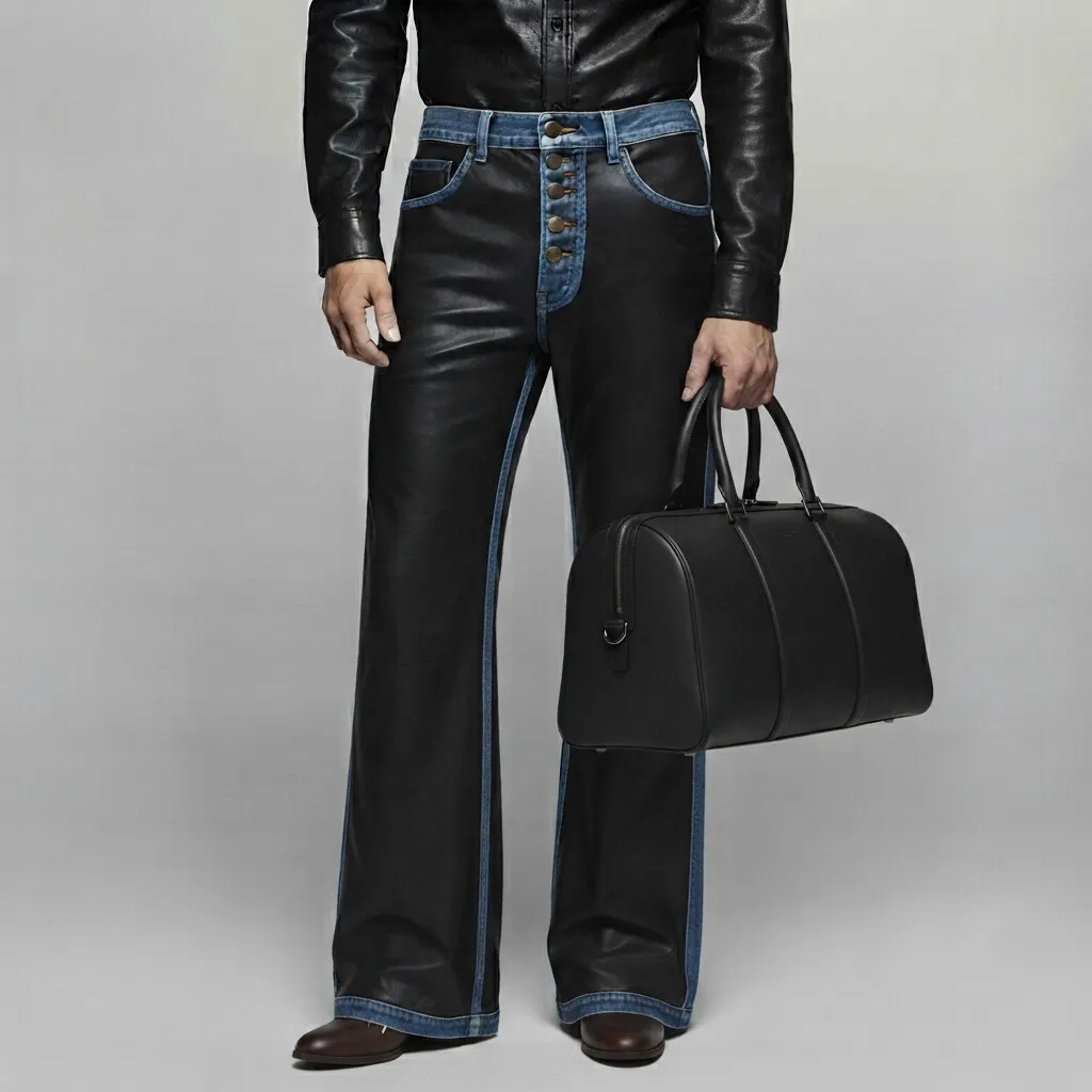 para hombre Black PU Leather Denim Splicing Multi-Button Straight Leg pantalón