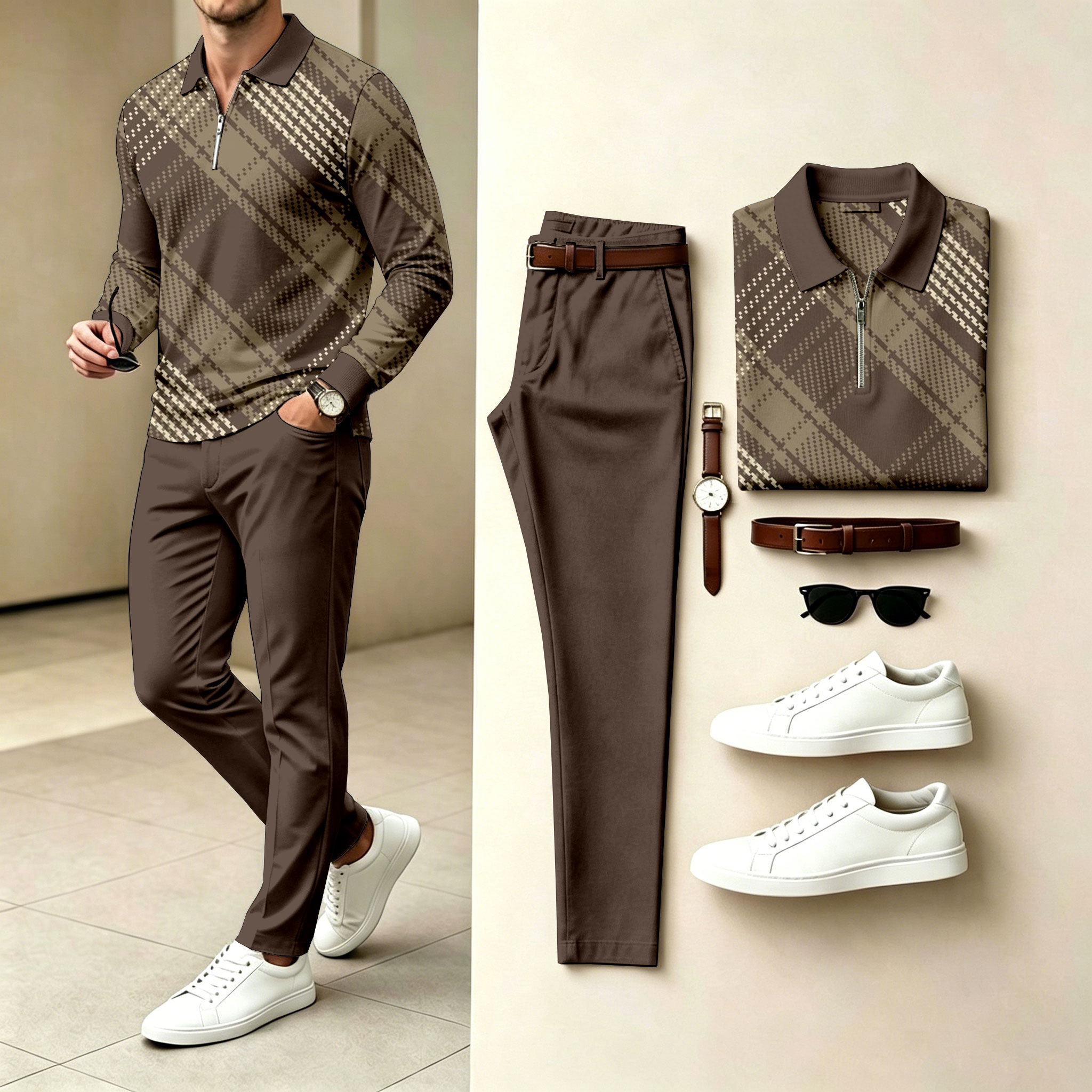 Conjunto de dos piezas Checkered Polo-Collar Zipper de manga larga camisa and pantalón para hombre