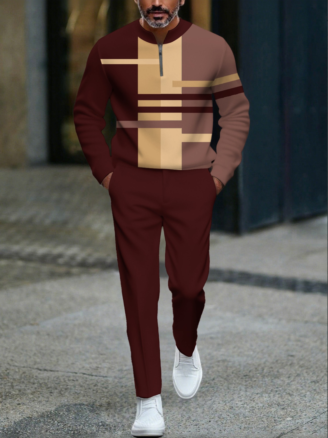 Conjunto de dos piezas casual Maroon Multi Color Matching geométrico estampado Round-Neck cierre de manga larga Tops & Trousers para hombre
