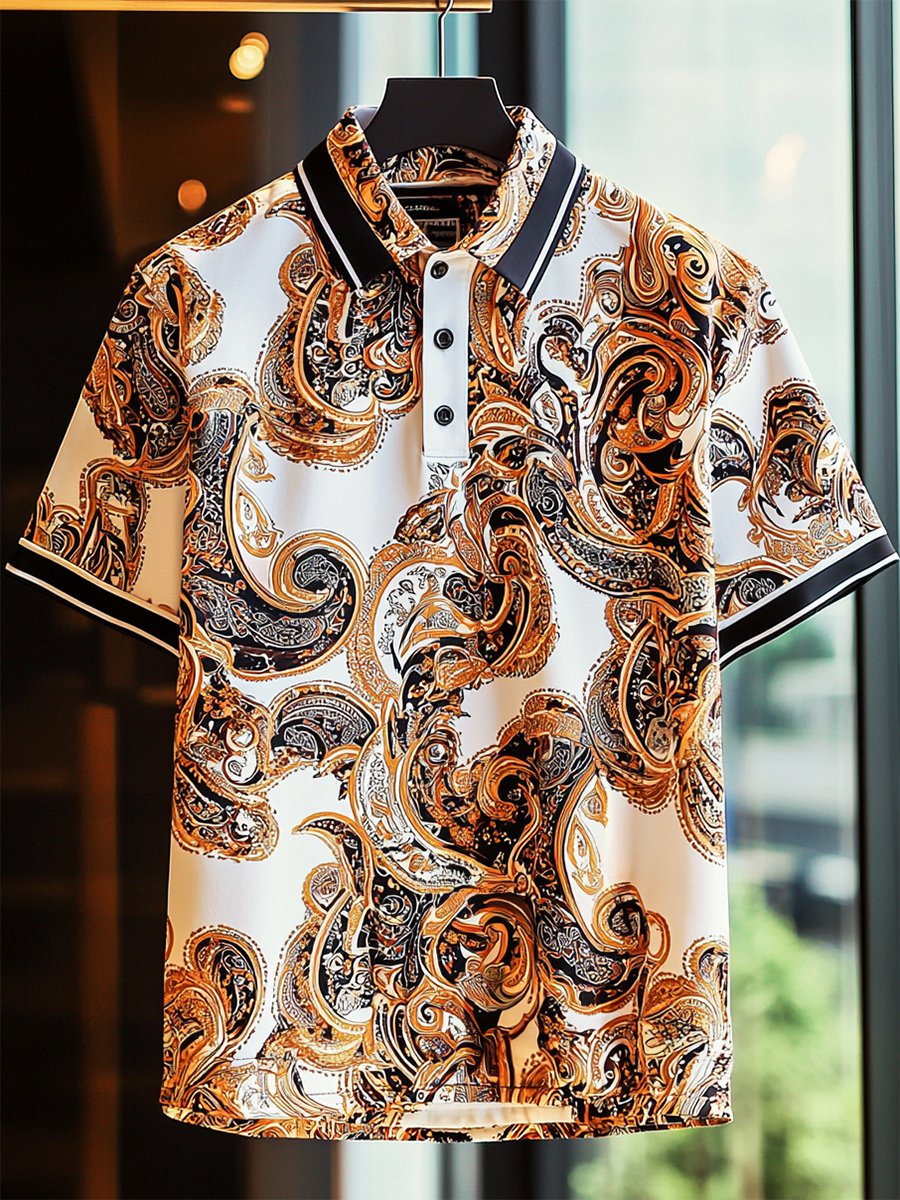 Camisa polo casual ejecutivo Paisley Button de manga corta para hombre