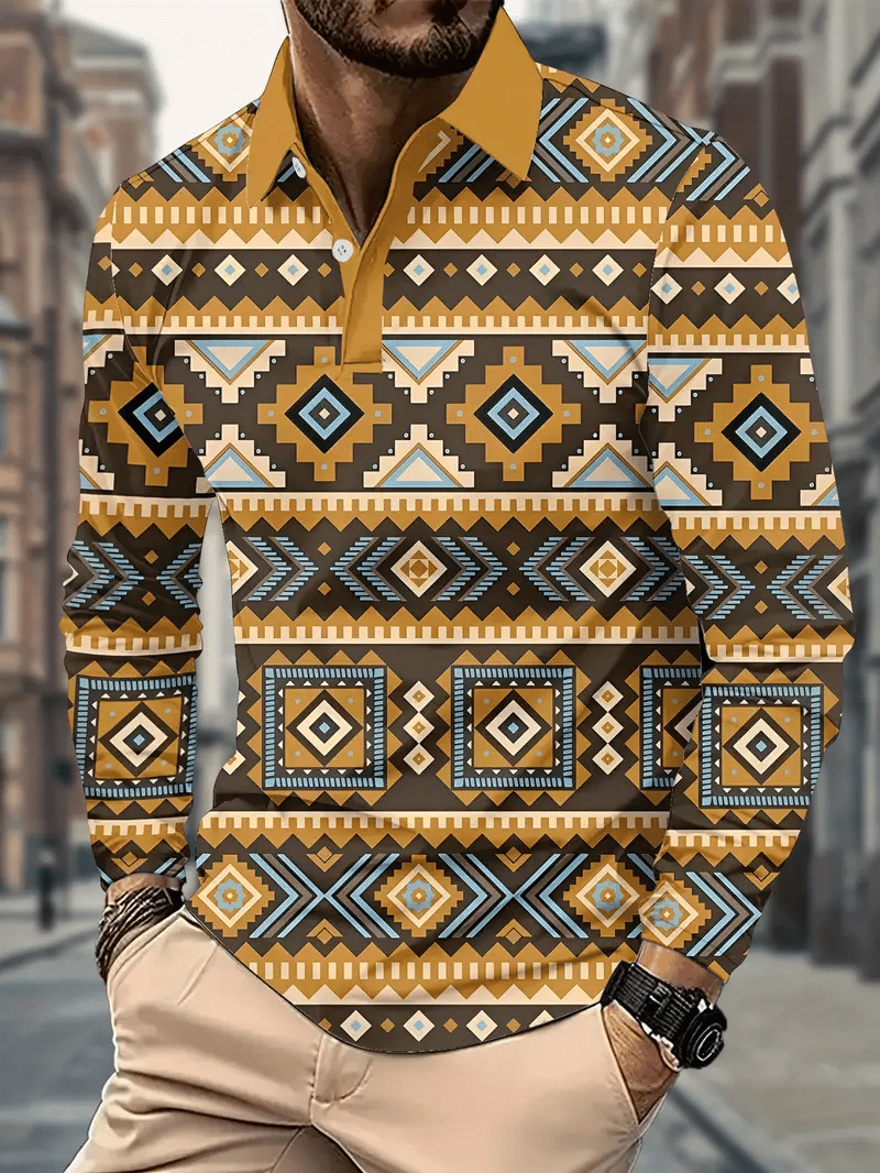 Camisa polo retro ejecutivo rayas estampado de manga larga para hombre