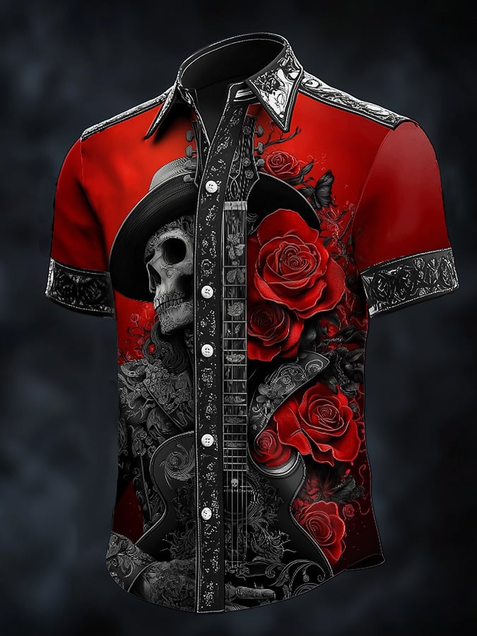 Camisa casual Dark Skull Art satén para hombre