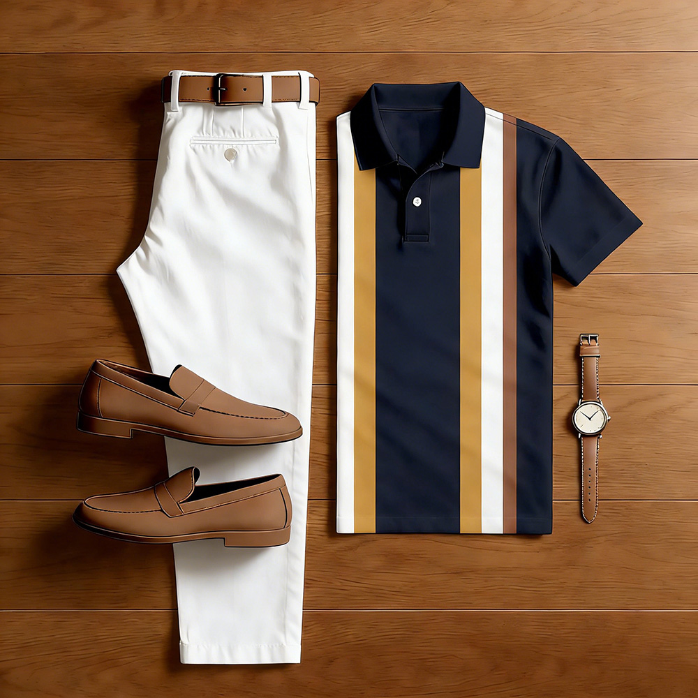 Conjunto de dos piezas casual Navy Blue Color Matching a rayas estampado de manga corta camisa polo & White Trousers para hombre