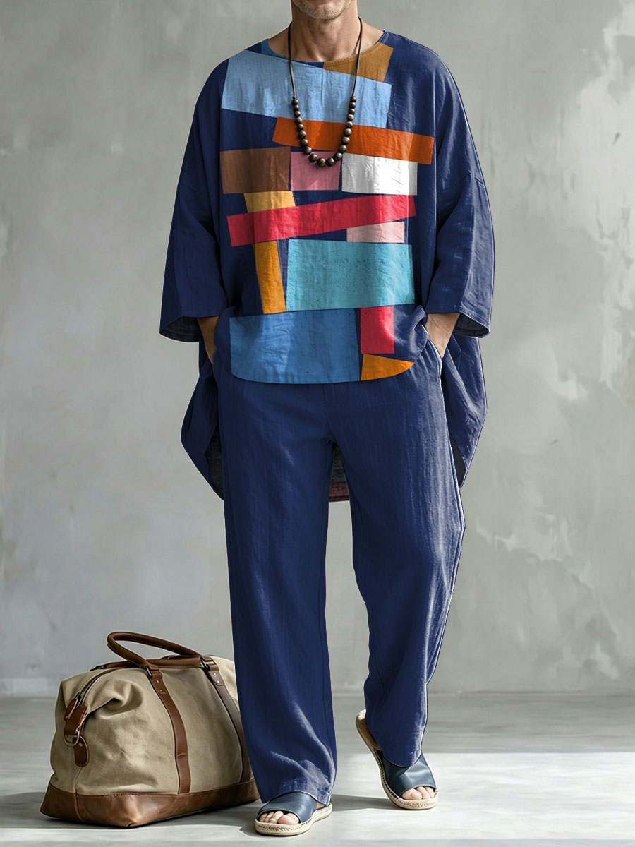 para hombre Abstract Color Print casual Round Neck de manga corta de lino Top shorts Two-piece