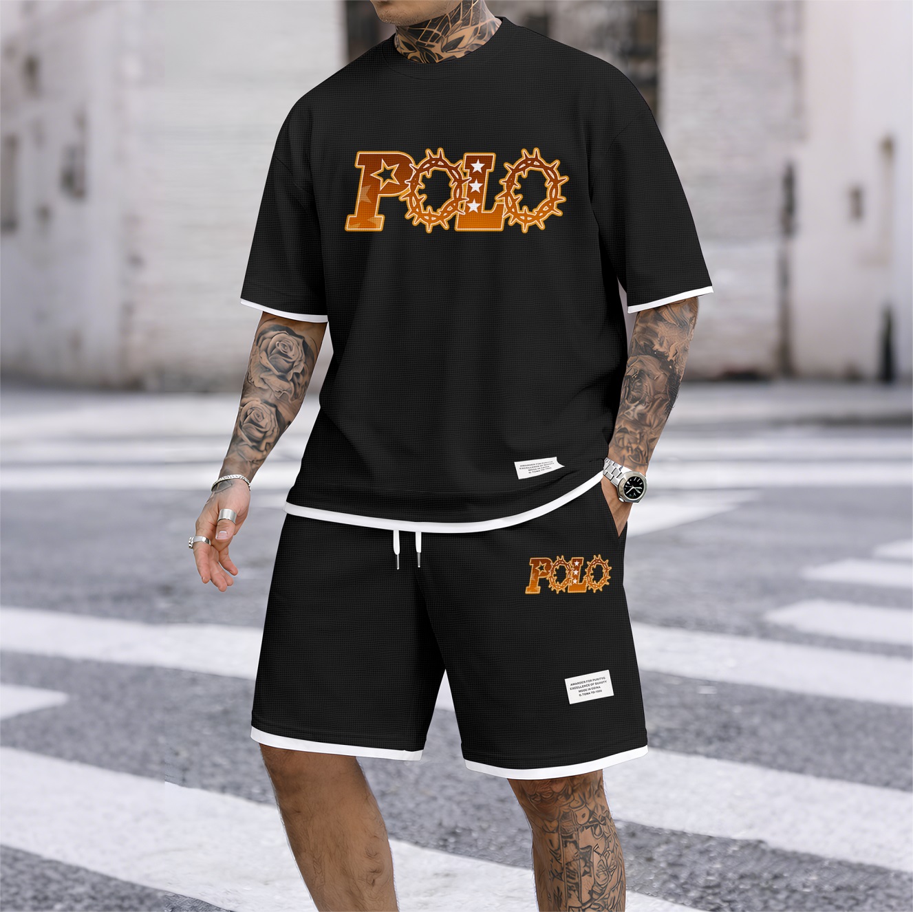 Camisa retro Thorns estampado Waffle Fabric de manga corta And shorts Set para hombre