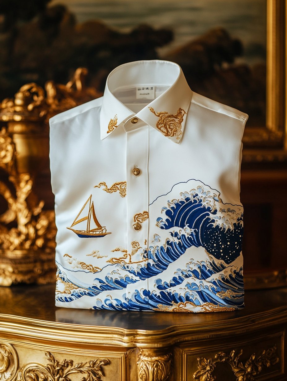 Camisa Ukiyo-e de lujo satén de manga larga para hombre