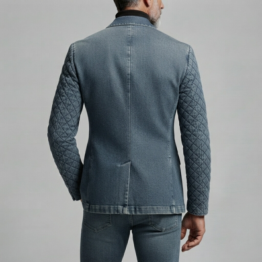 para hombre vintage Denim Peak Lapel Quilted de manga larga Two Button Welt Pocket saco