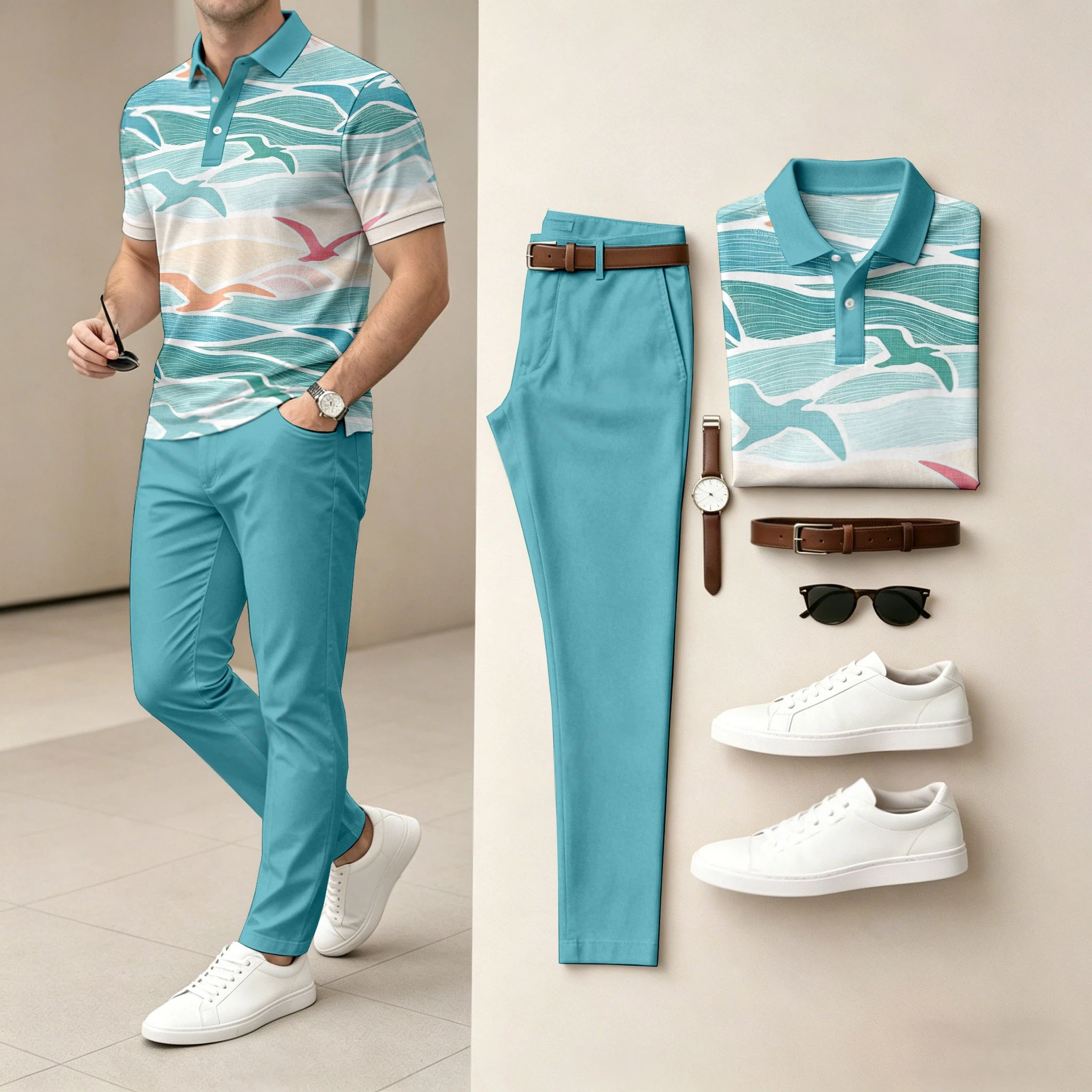 Conjunto de dos piezas casual Wave And Bird estampado camisa polo And pantalón para hombre
