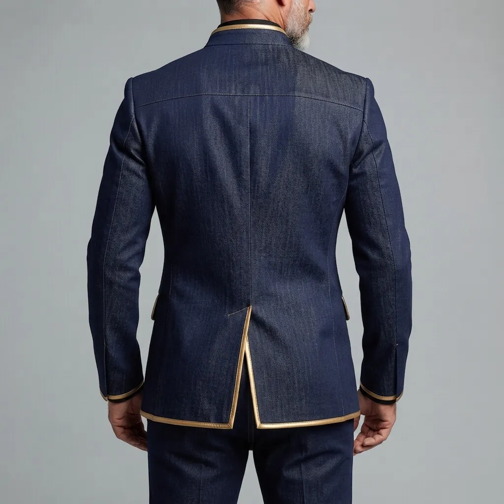para hombre Navy Blue Denim Contrast Piping Stand Collar Double-Breasted chaqueta