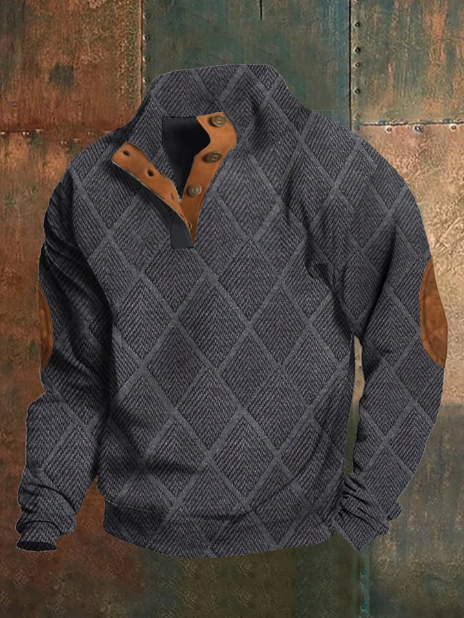 Sudadera retro estampado Stand cuello Button In Plush Fabric para hombre
