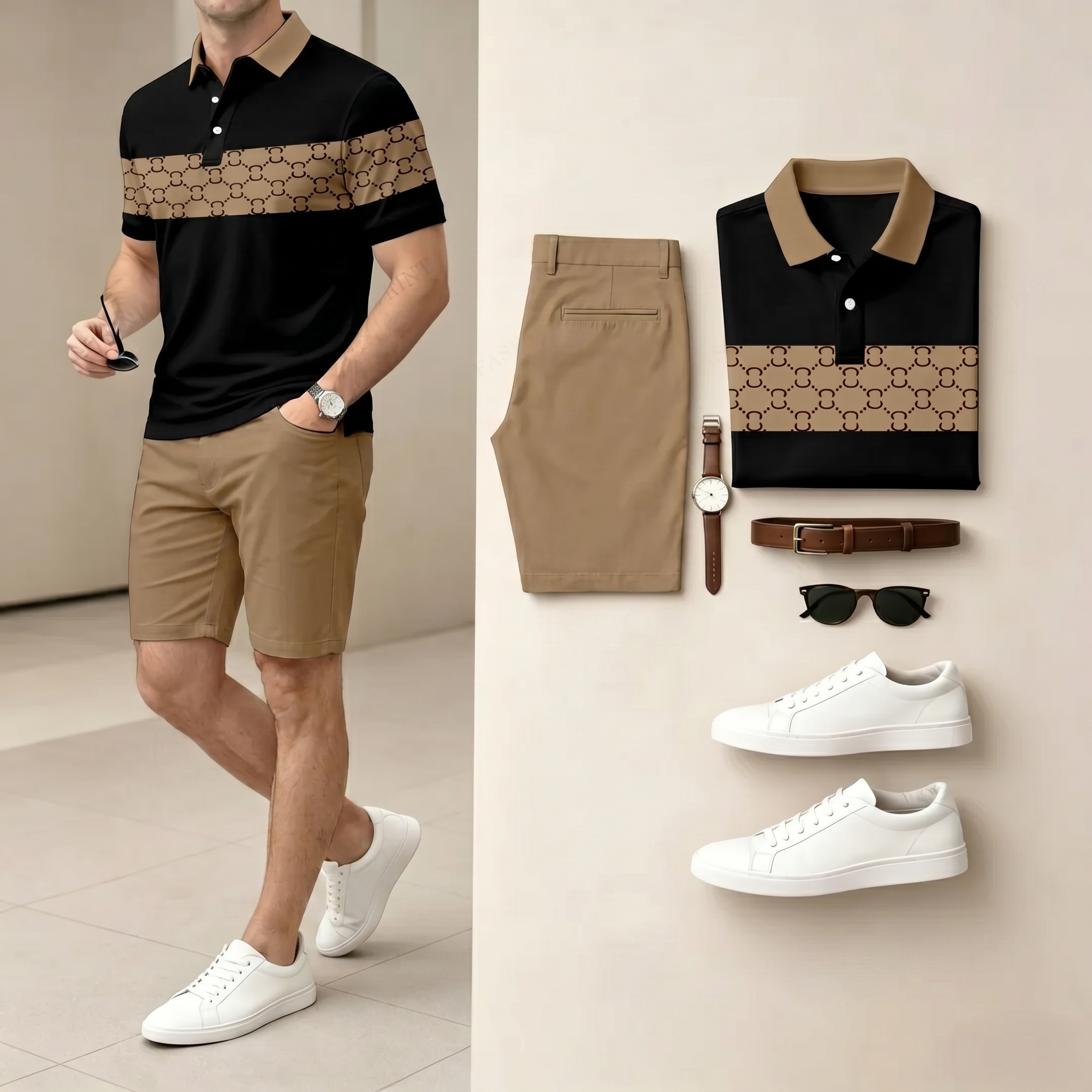 Conjunto de dos piezas casual Black and brown Color Spliced rayas Color camisa polo & shorts para hombre