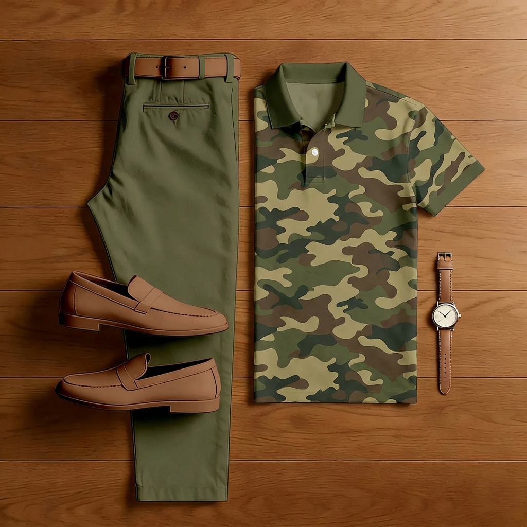 Conjunto de dos piezas casual Military Green Camouflage estampado de manga corta camisa polo And Trousers para hombre
