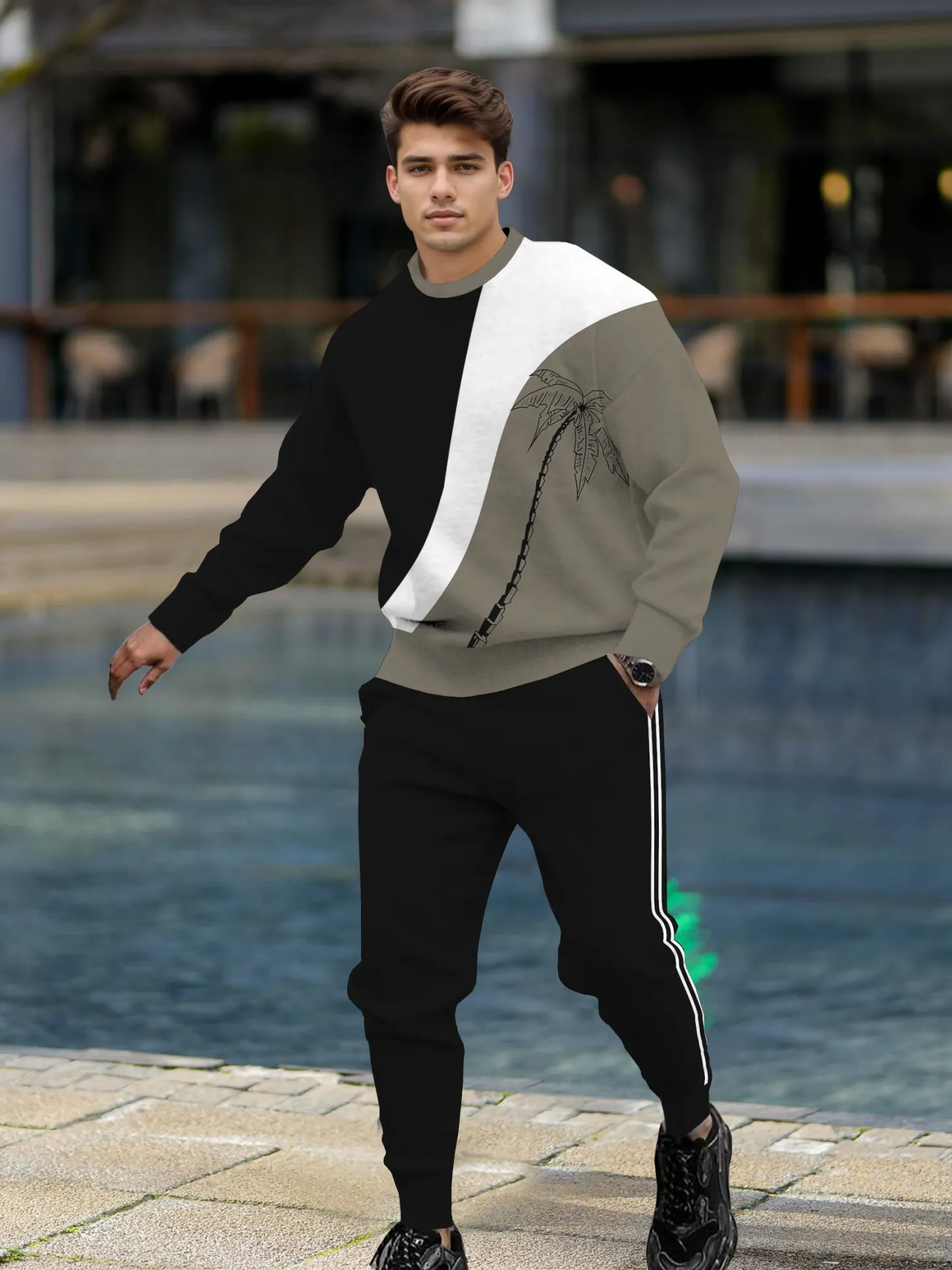 Simple Colorblock Round Neck casual Sports Set 0134 para hombre