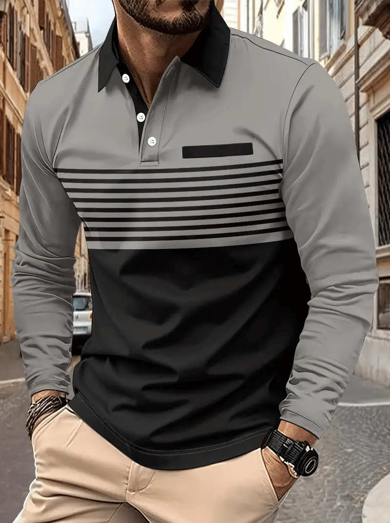Camisa polo ejecutivo casual a rayas de manga larga para hombre