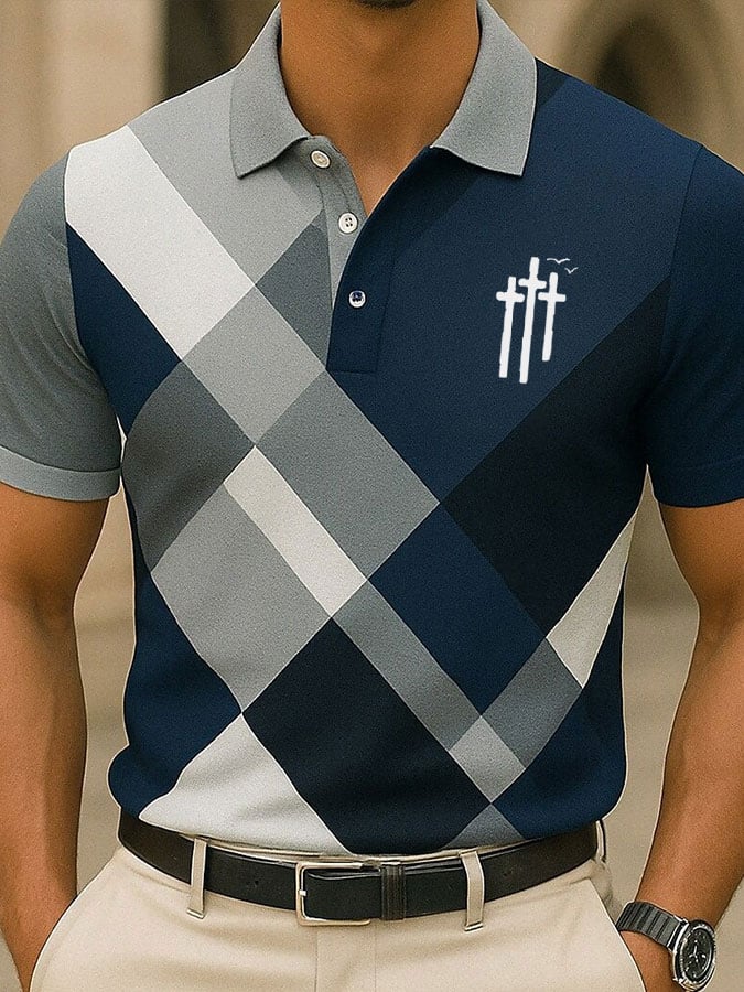 Camisa polo retro Contrast Faith Cross estampado casual para hombre