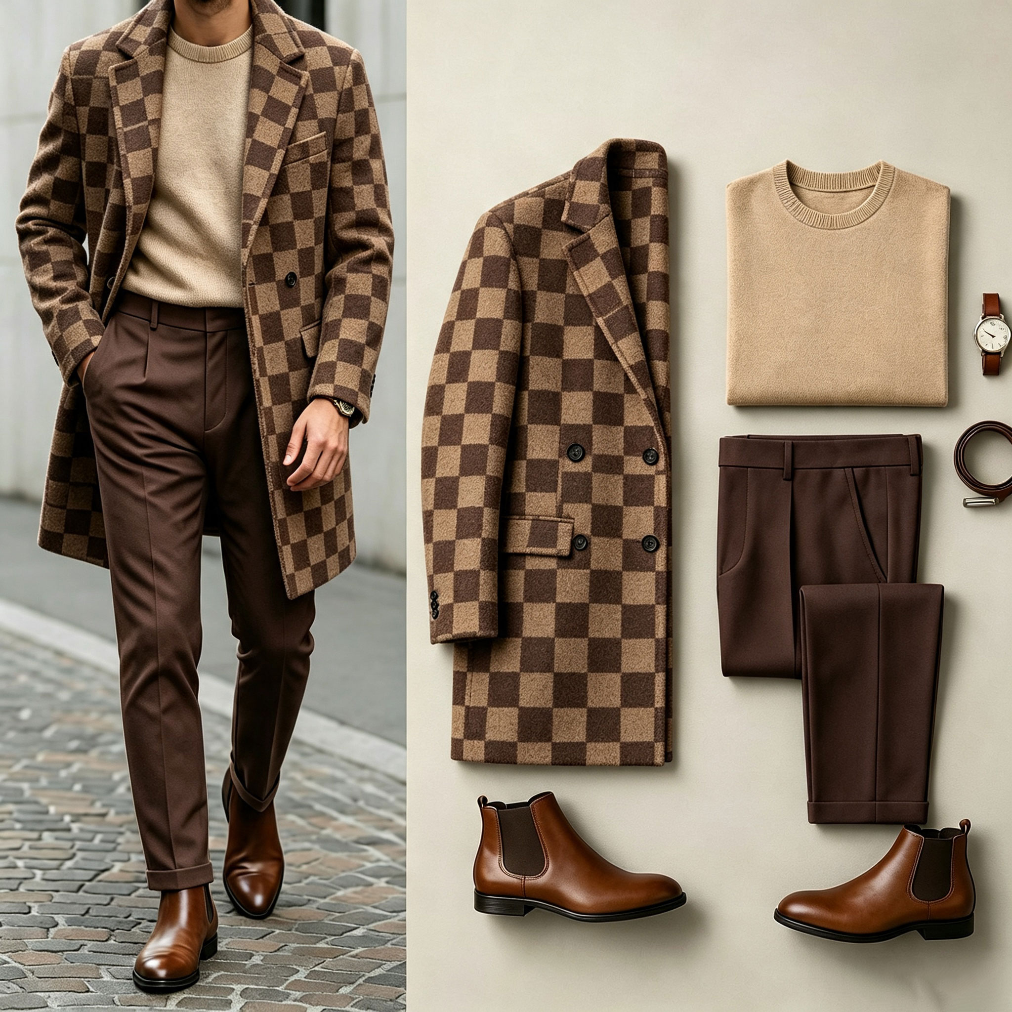 para hombre Brown Three-Piece Set: Mid-Length Wool Coat, Crew-Neck Sweater, and Flowy Dress pantalón