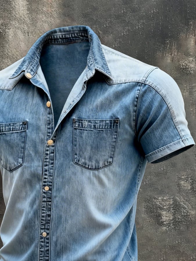 Camisa retro en bloques de color mezclilla de manga corta para hombre