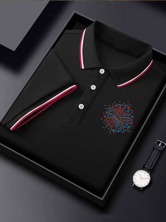 Camisa polo Independence Day retro Flag Embroidery Firepara trabajos estampado para hombre