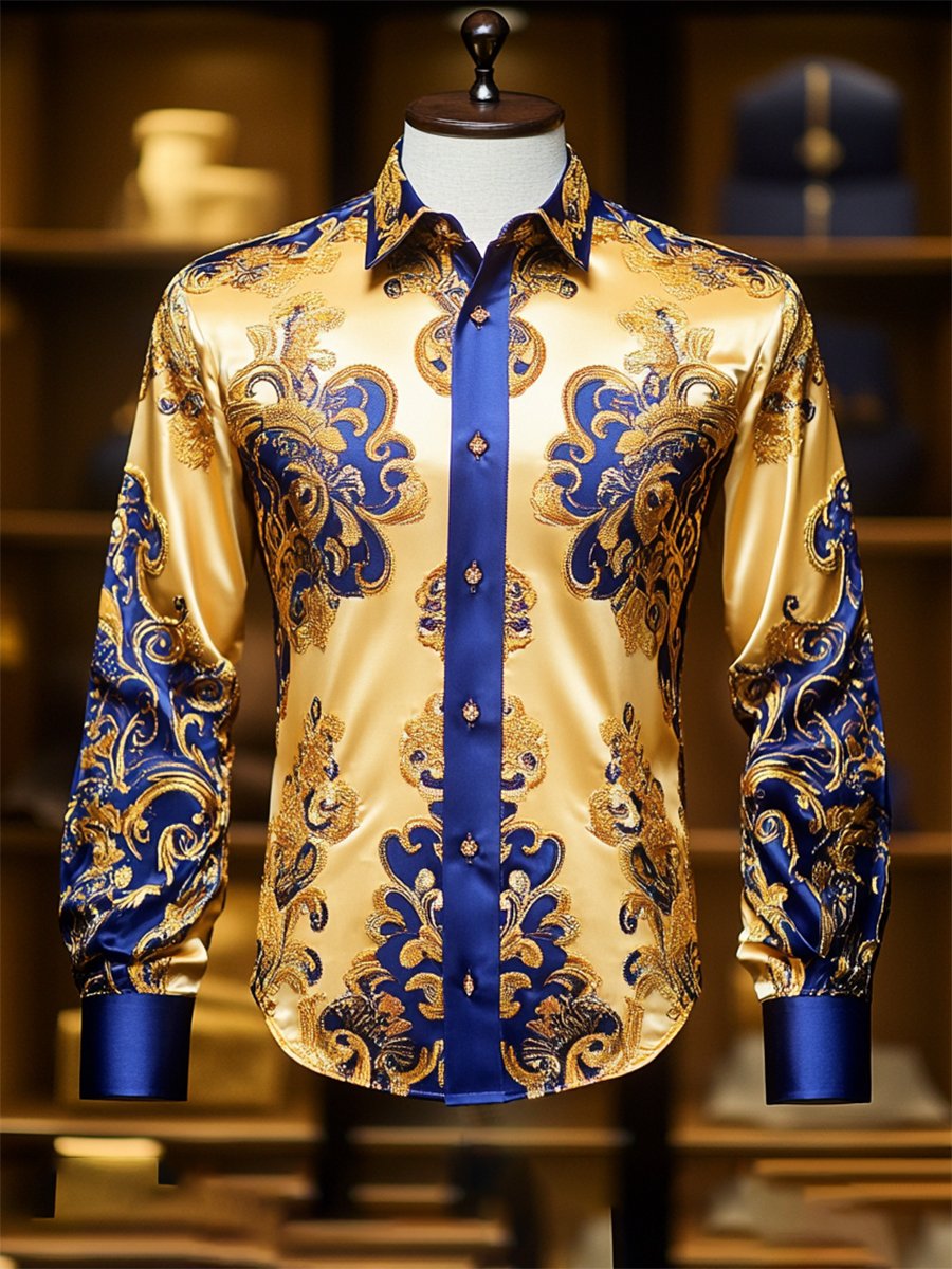 Camisa satén de lujo vintage ejecutivo de manga larga para hombre