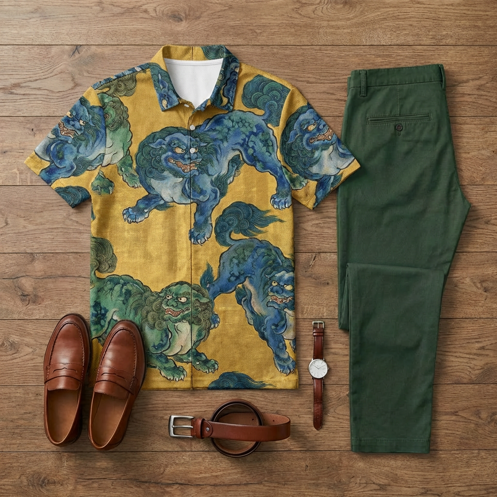 Conjunto de dos piezas casual Khaki & Blue estampado de manga corta camisa polo And Trousers para hombre
