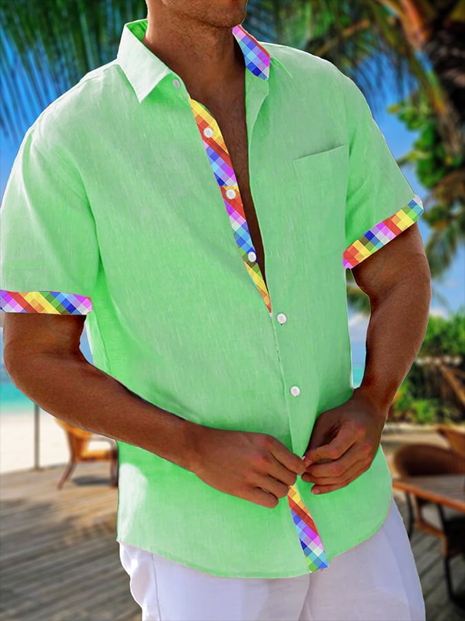 Camisa Resort Style Contrast estampado casual de manga corta para hombre