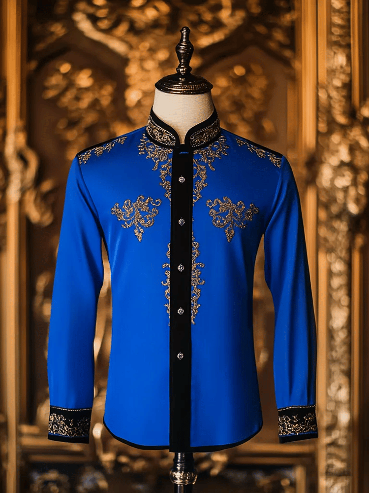Camisa vintage de lujo Stand cuello de manga larga para hombre