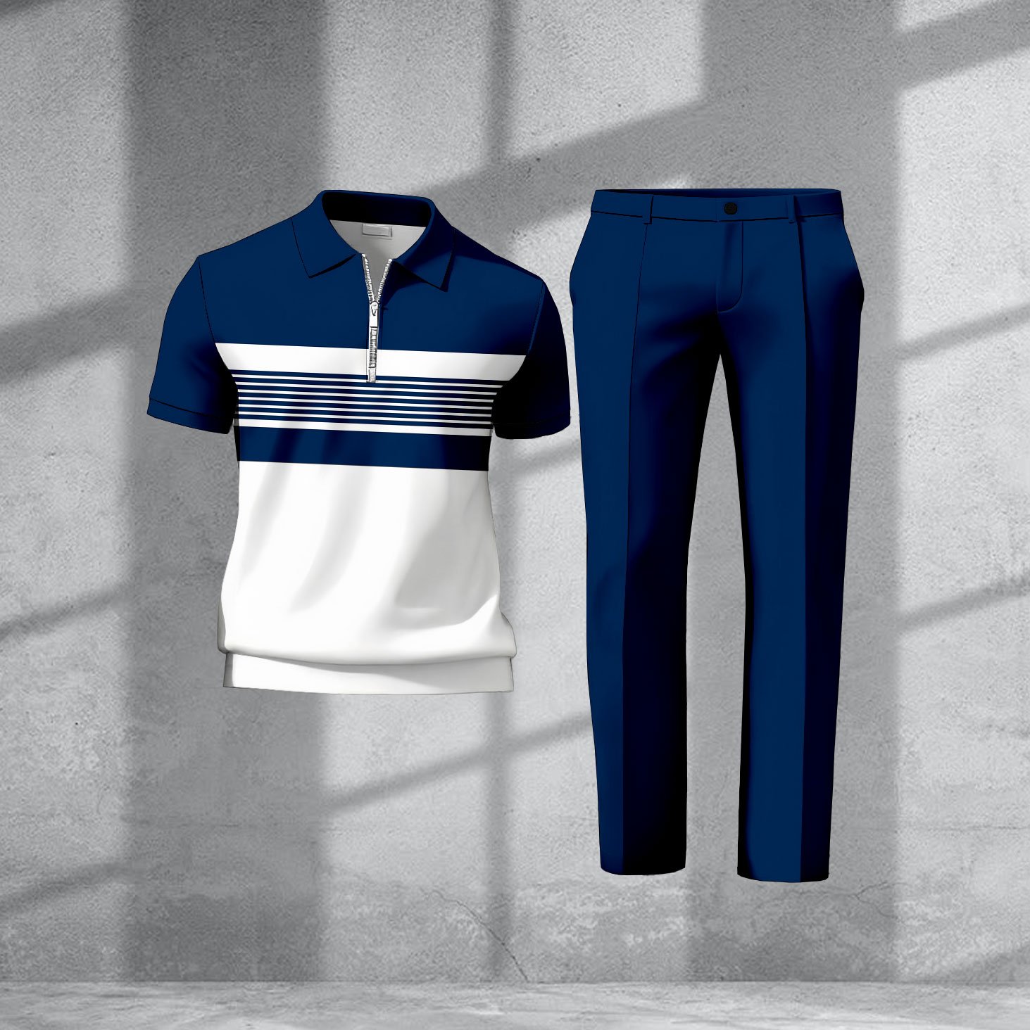 Conjunto de dos piezas casual Dark Blue & White Geometric de manga corta Half-Zip camisa polo And Trousers para hombre