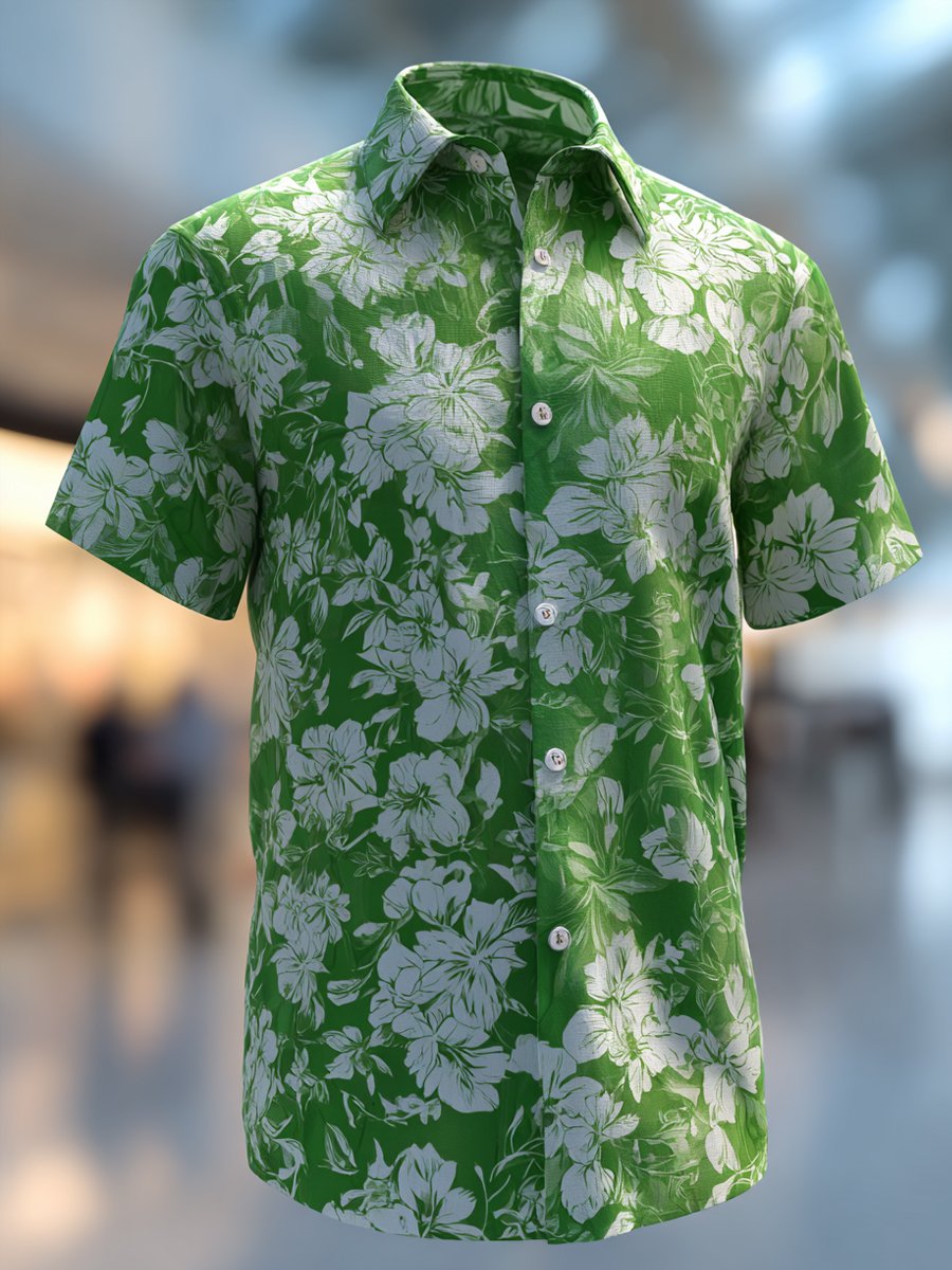Camisa ejecutivo retro Green floral solapa de manga corta para hombre