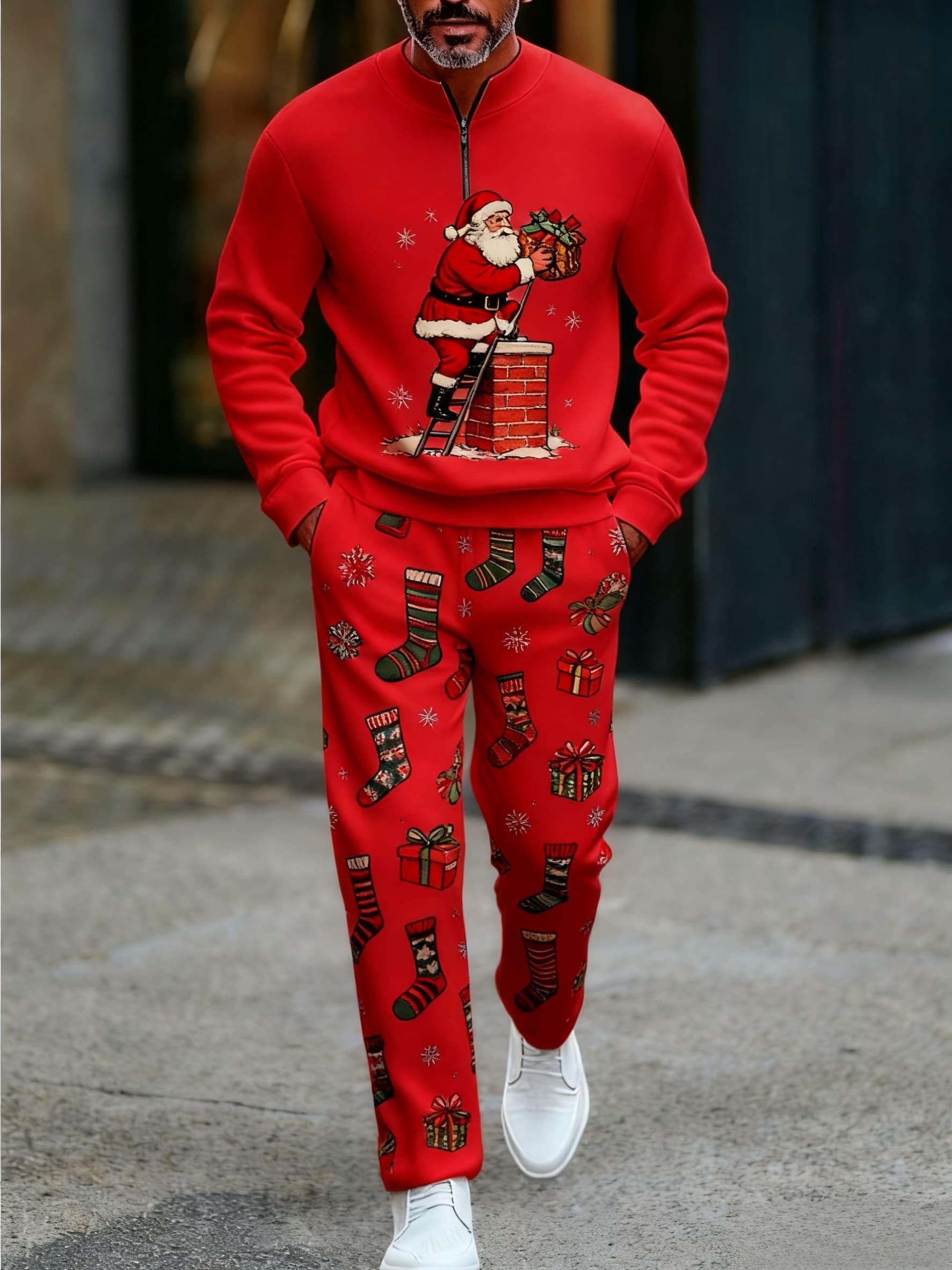 Conjunto de dos piezas Christmas estampado Round-Neck cierre de manga larga Trousers para hombre