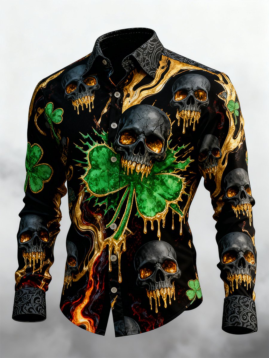 Camisa retro St. Patrick's Day Skull de manga larga para hombre