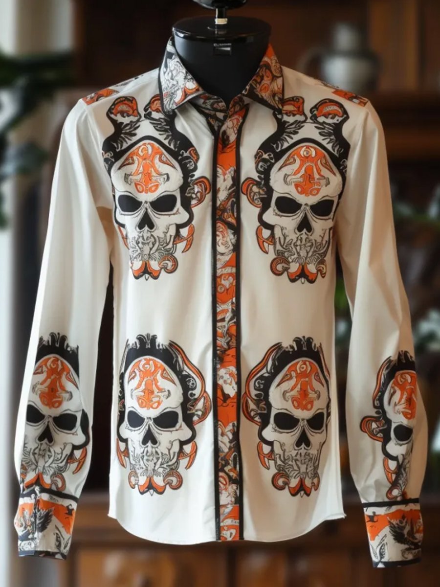 Camisa Gothic Dark Halloween Skull estampado de manga larga para hombre