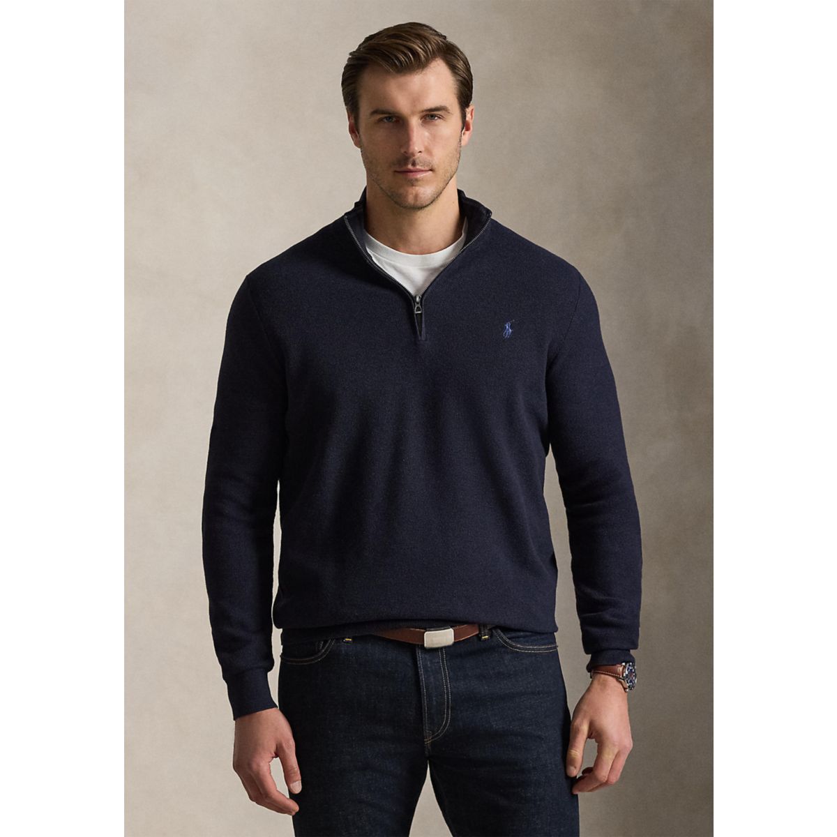 Big & Tall Mesh-Knit Cotton Quarter-Zip Sweater - 7