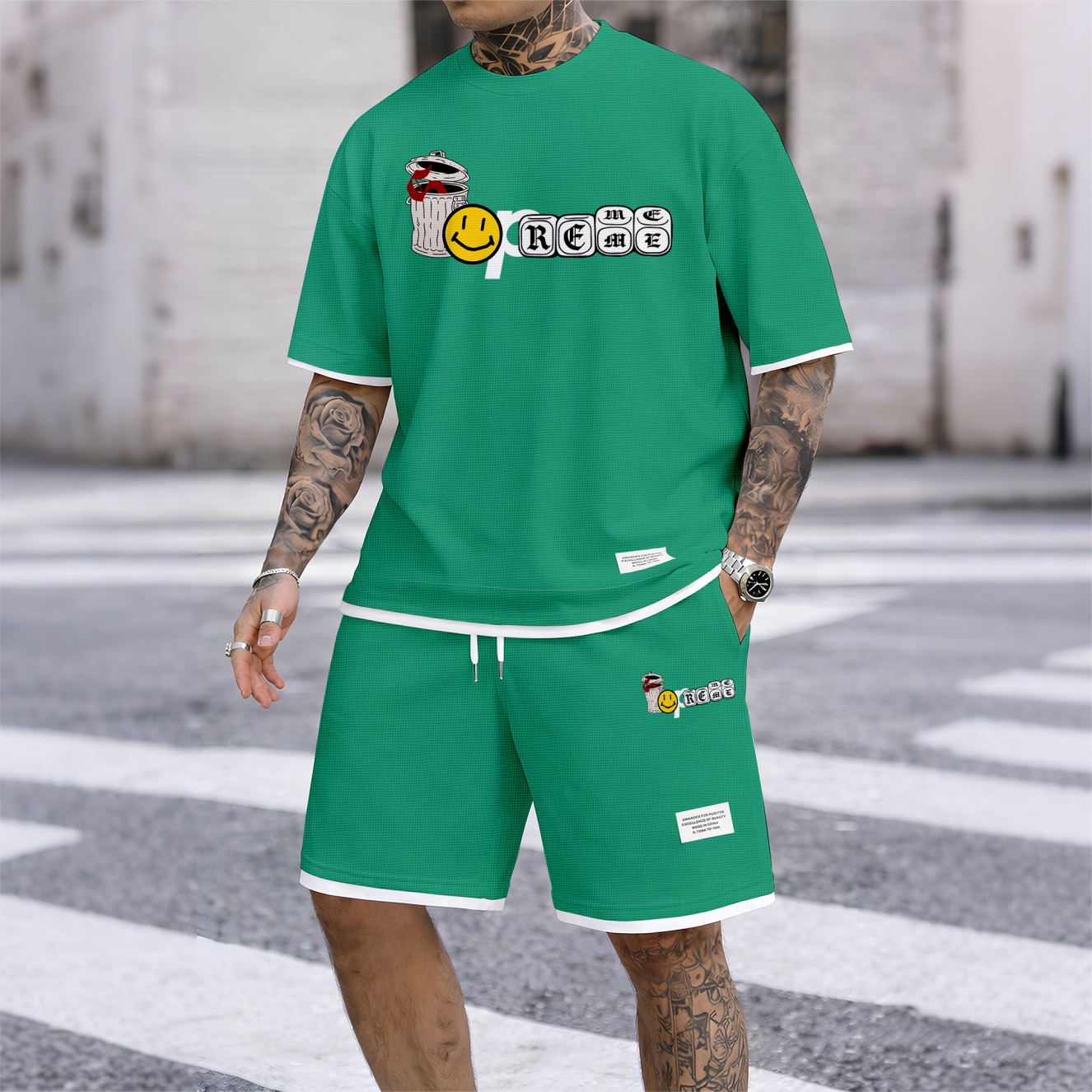Camisa Graffiti Collage Design estampado Waffle Fabric de manga corta And shorts Set para hombre