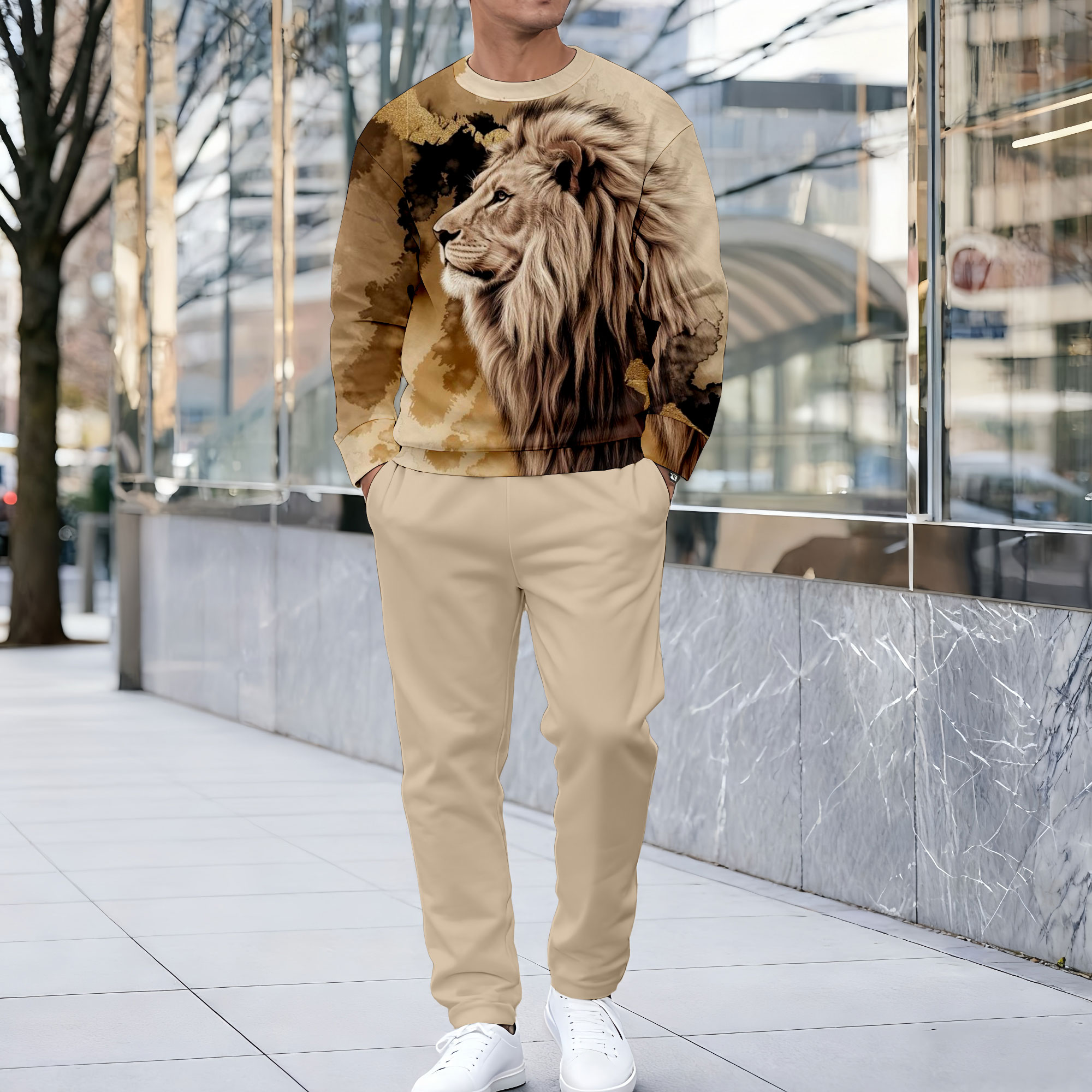 Conjunto de dos piezas casual Lion estampado Round Neck de manga larga sudadera & pantalón para hombre
