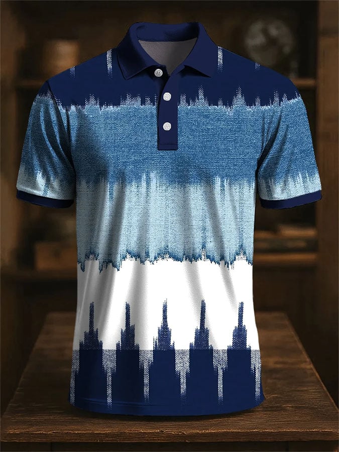 Camisa polo casual en bloques de color estampado de manga corta para hombre
