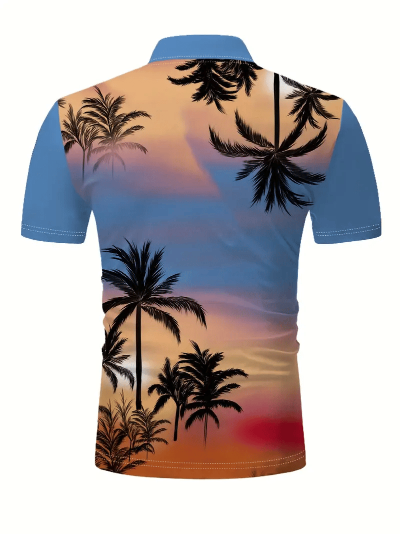 Camisa polo hawaiano Coconut Tree estampado de manga corta con botones para hombre