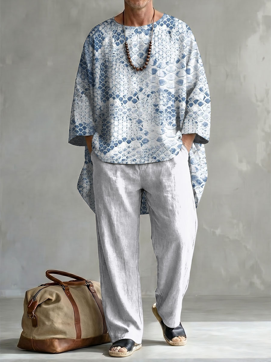 Serpentine Decorative Pattern de manga larga de algodón de lino Top And pantalón conjunto de dos piezas