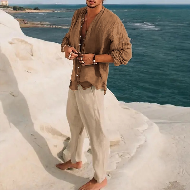 Camisa de lino Band cuello camisa Summer camisa Beach Wear Button Up camisa Plain Vacation casual Black Green Khaki Gray de manga larga Stand cuello Summer Spring Clothing Apparel para hombre - vista 6
