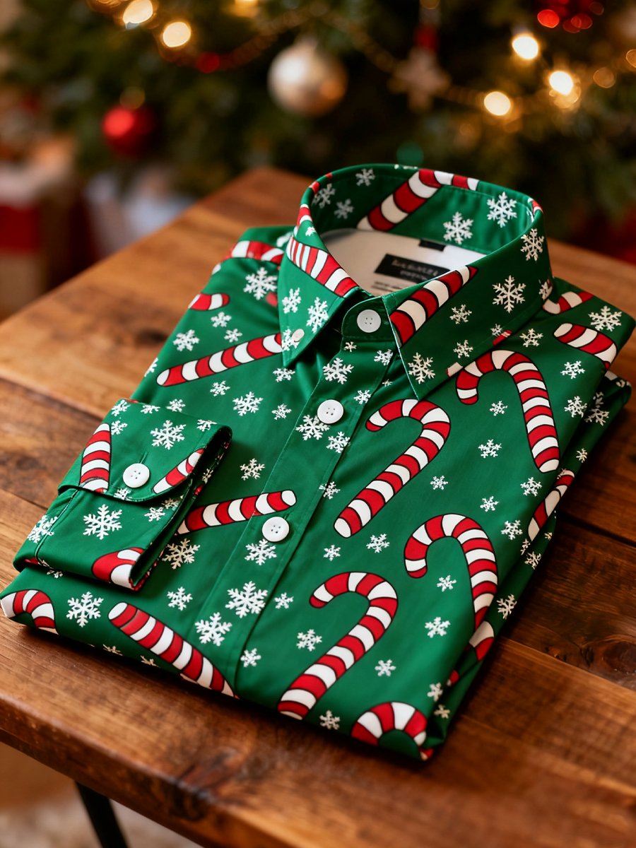 Camisa ejecutivo Christmas Candy Cane estampado de manga larga para hombre