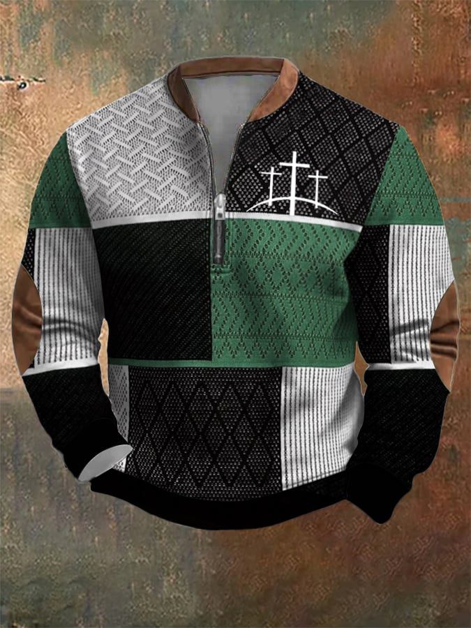 Sudadera retro Western texturizado Faith Cross estampado cierre Neck para hombre