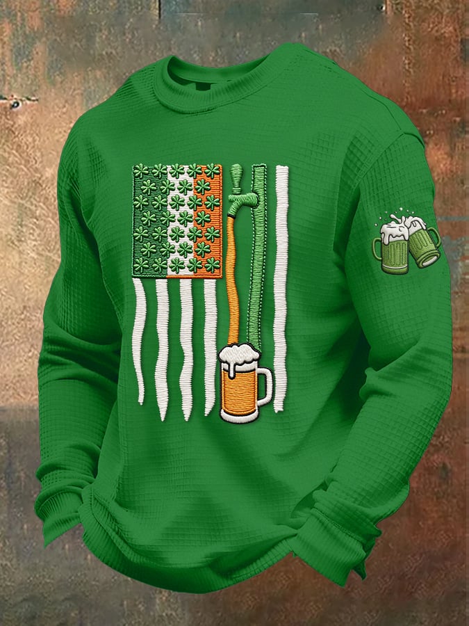 Camiseta casual St. Patrick's Day beer toast tejido tipo waffle para hombre