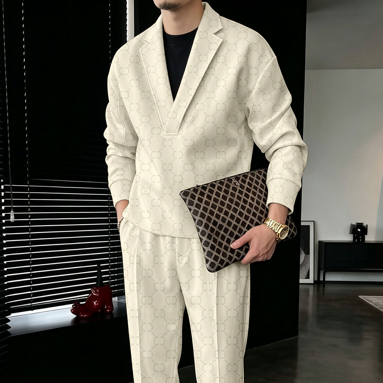 Sudadera Beige V-Neck and pantalón Set para hombre