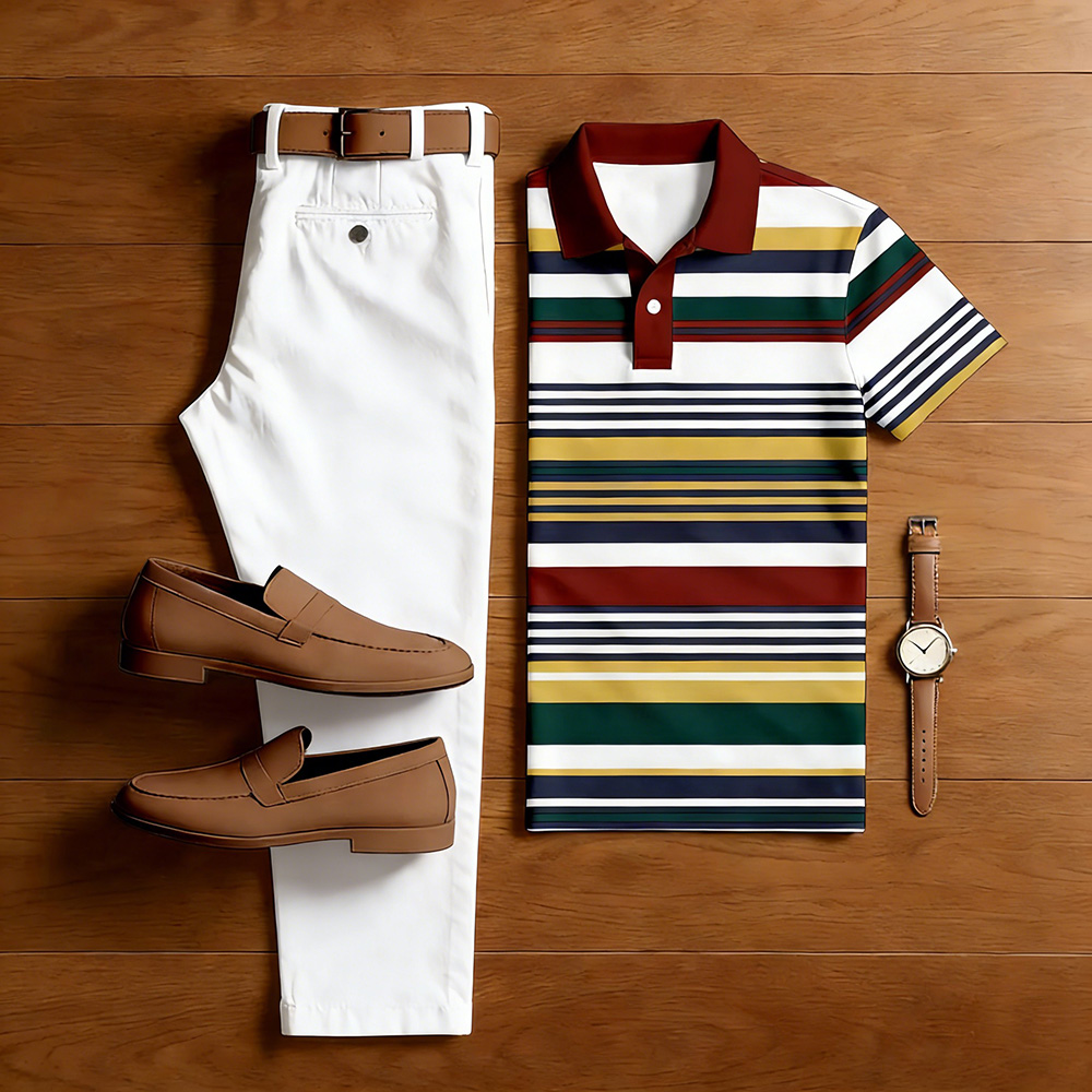 Conjunto de dos piezas casual Multi Color Matching a rayas estampado de manga corta camisa polo & White Trousers para hombre