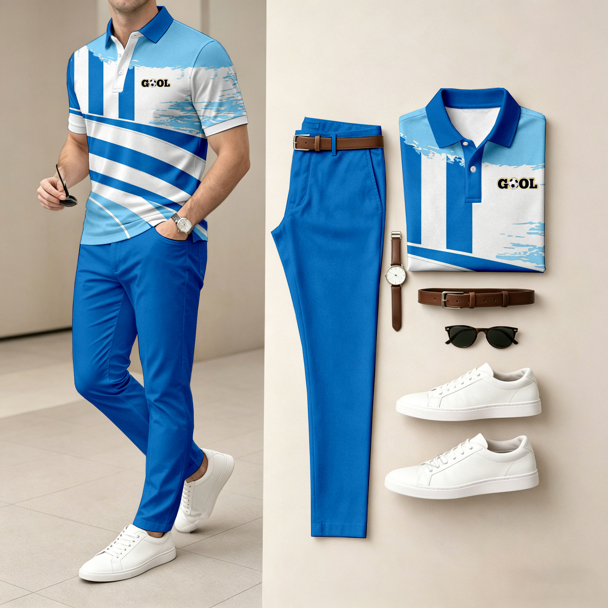 Conjunto de dos piezas casual Blue rayas Sporty estampado camisa polo And pantalón para hombre