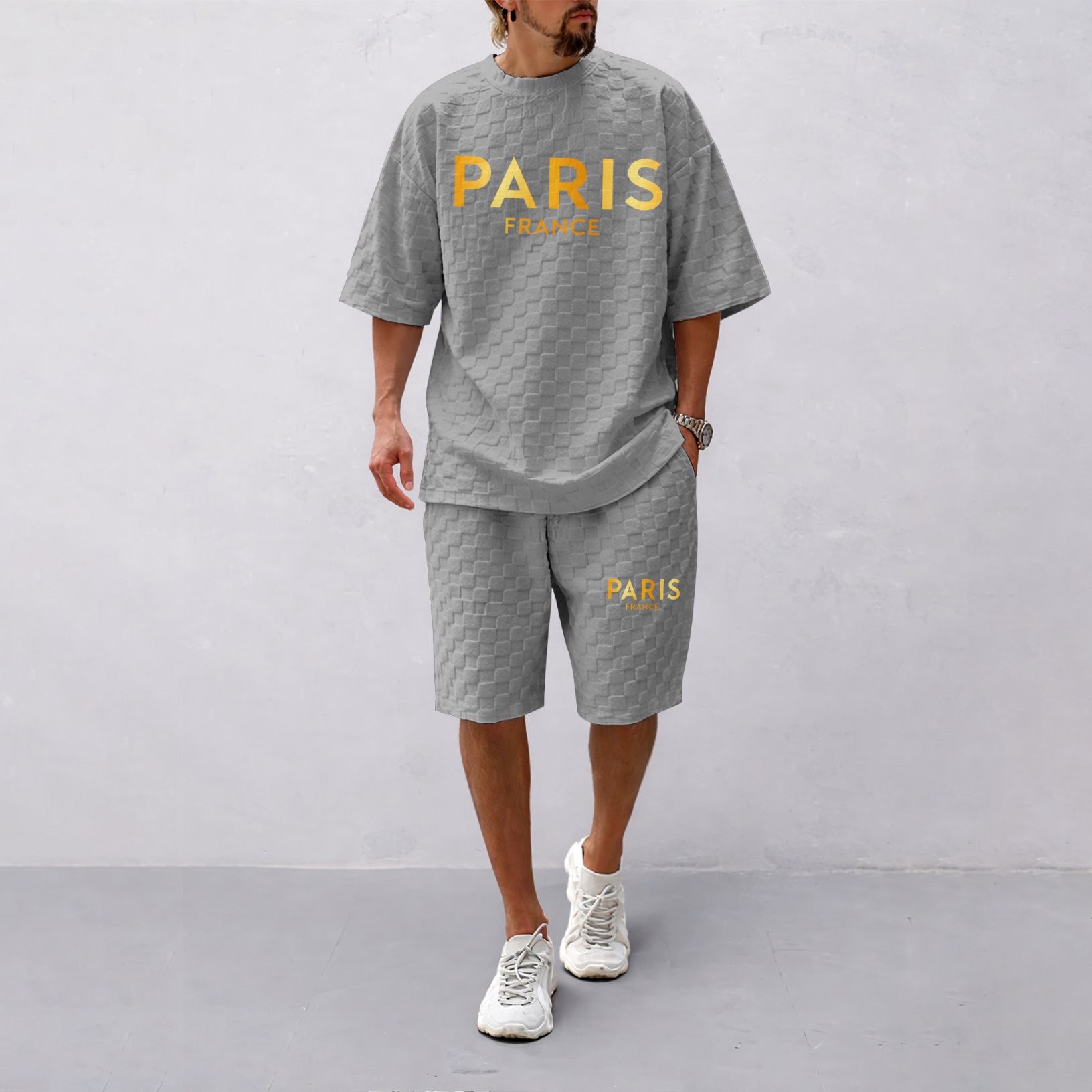 Camisa Spring/Summer Drawstring shorts Set featuring Paris Letter estampado and a cuadros Fabric—a casual summer ensemble comprising a de manga corta and shorts, ideal for both everyday wear and athletic activities. para hombre