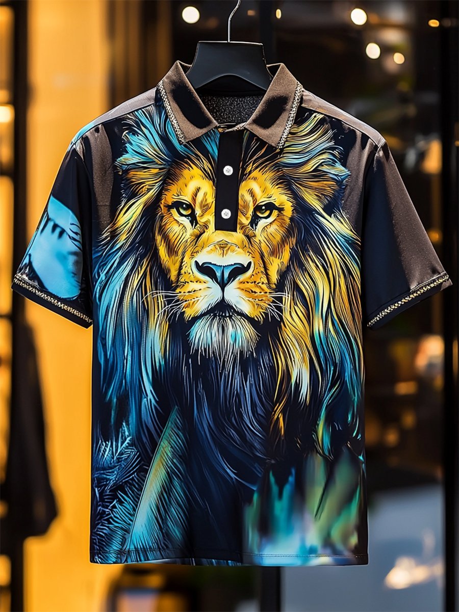 Camisa polo ejecutivo casual Lion estampado Button de manga corta para hombre