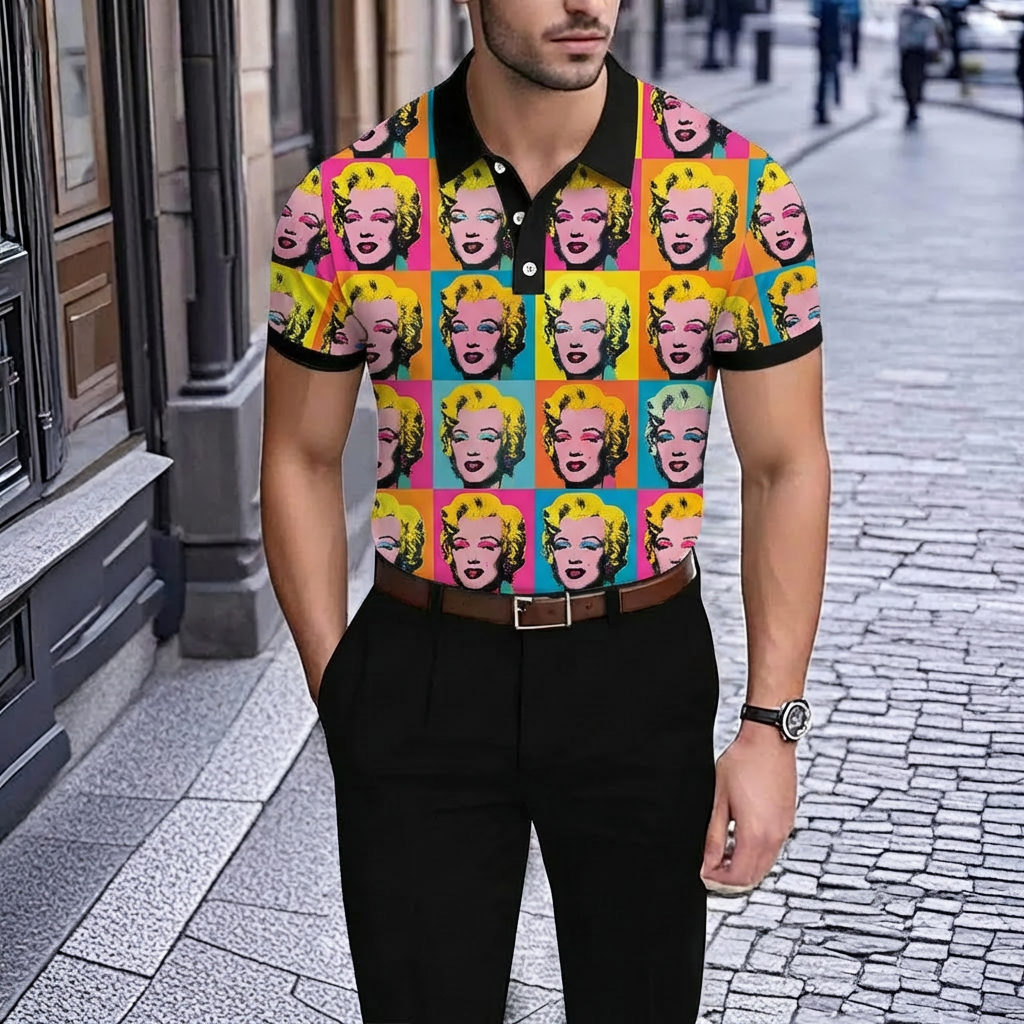 Camisa polo casual Colorful Character estampado de manga corta para hombre