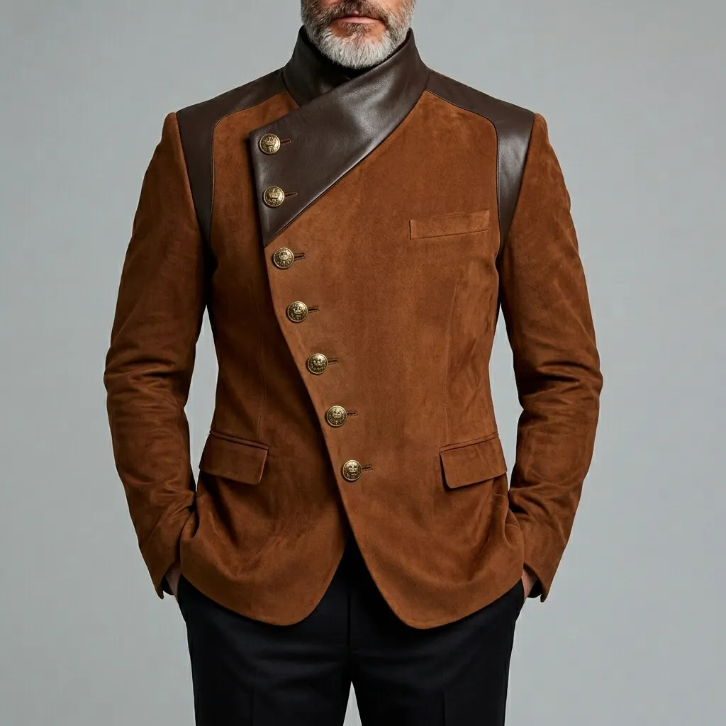 para hombre vintage Asymmetric Oblique Button PU Leather Contrast Spliced Suede Stand Collar de manga larga chaqueta